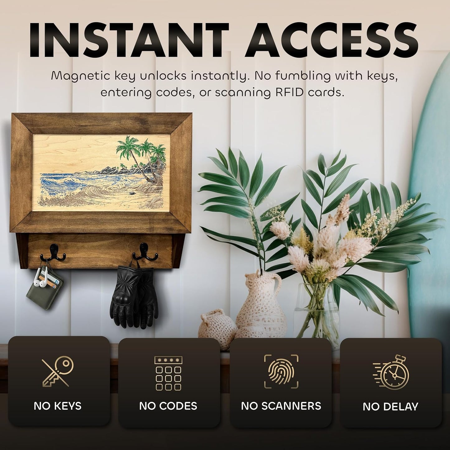 Tropical Paradise Hidden Gun Storage Coat Rack with Hooks for Coats, Bags, & Hats - Quick Access Concealment Shelf with Magnetic Lock - Handcrafted Gun Concealment Furniture Bellewood Designs