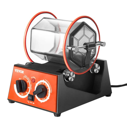 Front view of Rotary Tumbler showcasing polycarbonate barrel, dual control dials, and black base on white background