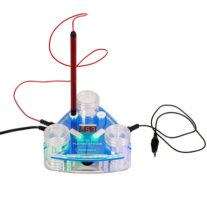 Front view of Digital Pen Plating Station showcasing three clear solution cups, digital display, and red plating pen with white background