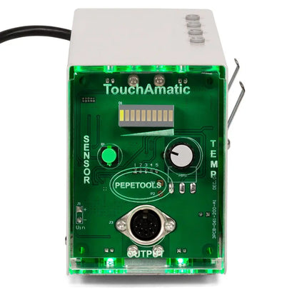 Front view of TouchAmatic Wax Pen Worker with 4 Tips showcasing illuminated temperature controls on a white background