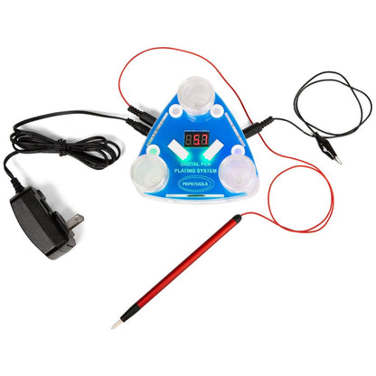 Top view of Digital Pen Plating Station with digital display, plating pen, adapter, and clip leads on white background