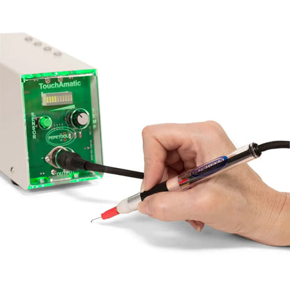 Angled view of TouchAmatic Wax Pen Worker with 4 Tips showcasing the pen connected to its control unit on a white background