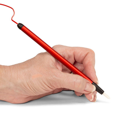 Close-up of the Digital Pen Plating Station pen showing its red barrel, white tip, and attached cord on a white background