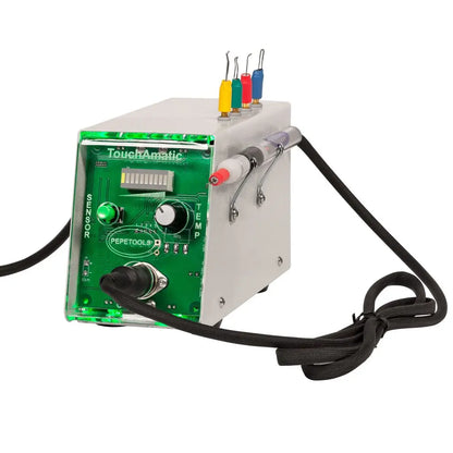 Three-quarter view of TouchAmatic Wax Pen Worker with 4 Tips showcasing control panel and four colored tips on white