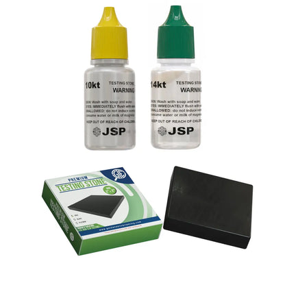Front view of JSP Gold 10K and 14K jewelry test kit with acid bottles and scratch stone on white background