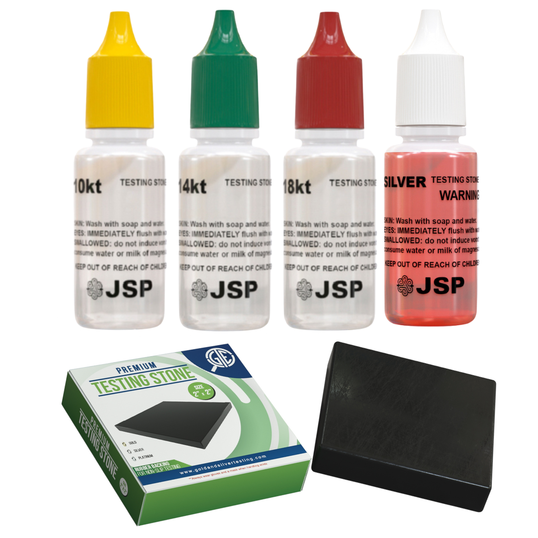 JSP Gold Silver Jewelry Metals Testing Acid 10k 14k 18k Kit + Scratch Test Stone - GOLD TESTING EQUIPMENT