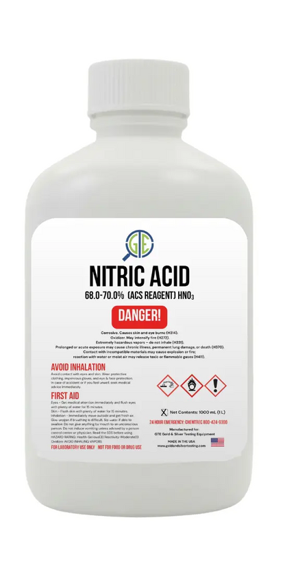 Front view of Nitric Acid 70% for Gold Refining showcasing ACS reagent HNO3 in a white 1000 mL bottle on white background