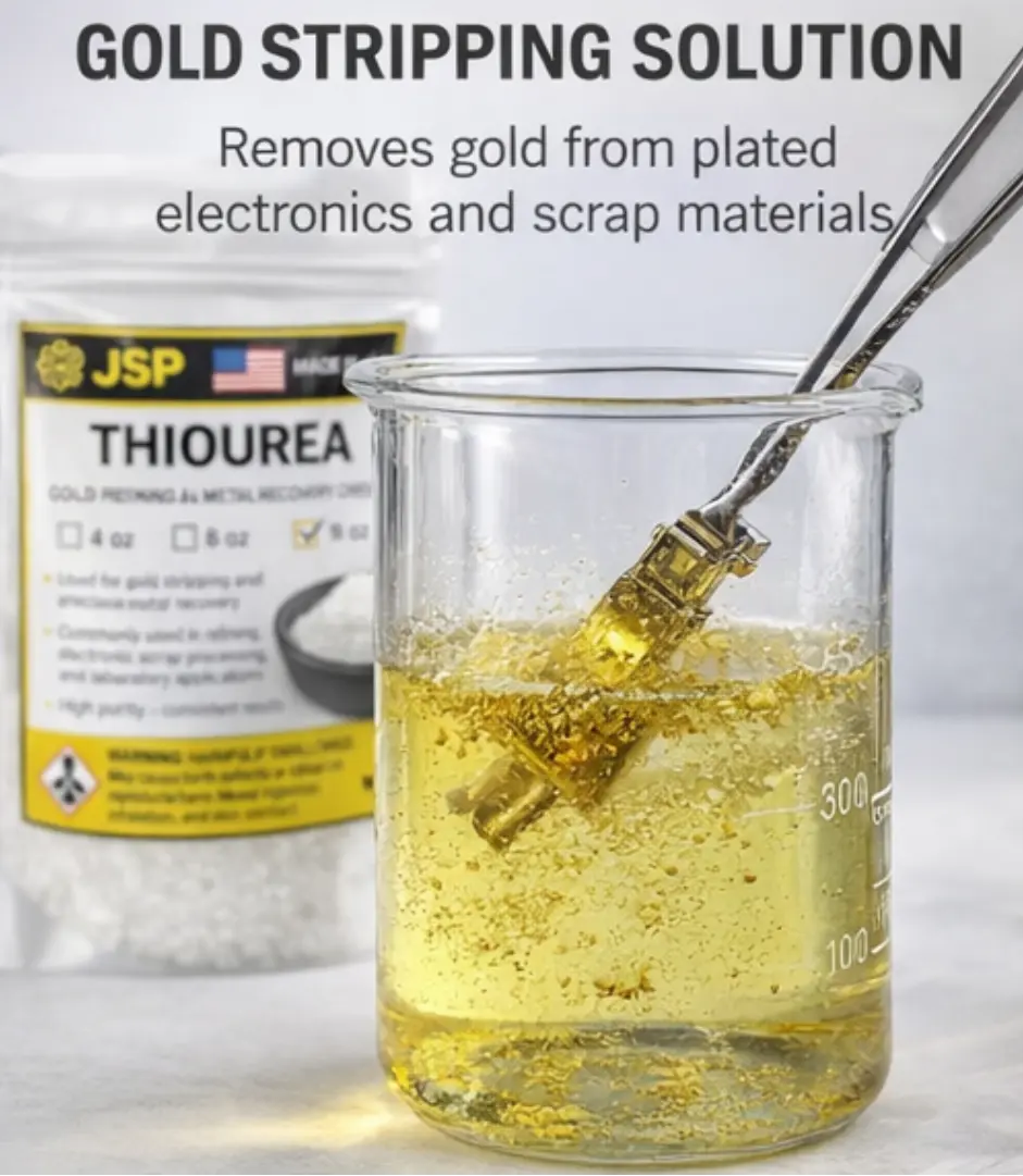 Thiourea solution used for stripping gold from plated electronics and scrap metals