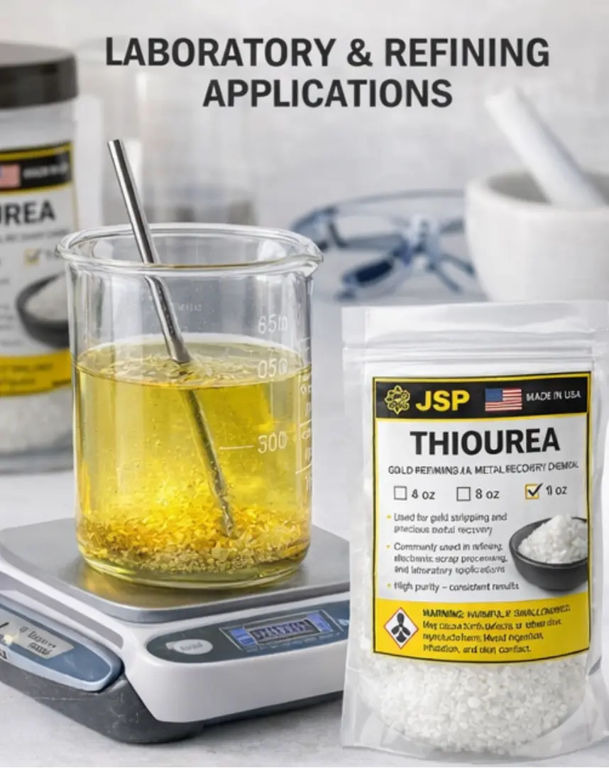 Thiourea refining chemical used in laboratory precious metal recovery processes