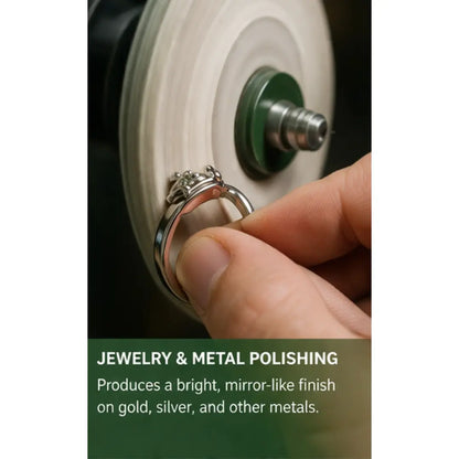 Hand polishes a ring on a wheel for jewelry and metal polishing, creating a mirror-like finish