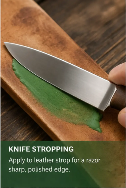 Knife stropping with green chromium oxide compound on a leather strop for a razor sharp, polished edge