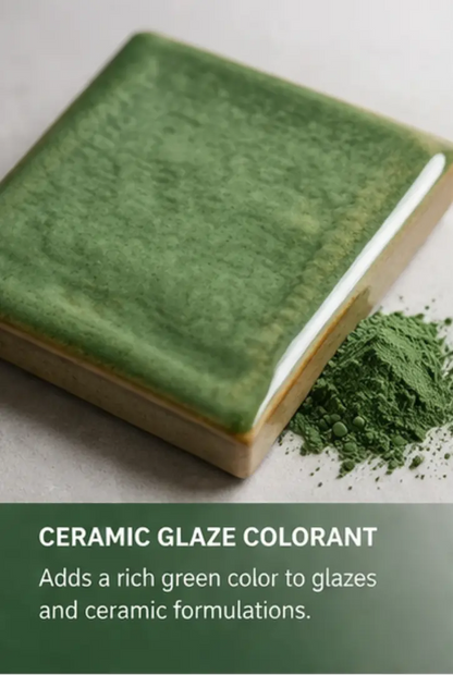 Close-up of chromium oxide green powder beside a green ceramic tile showcasing ceramic glaze colorant