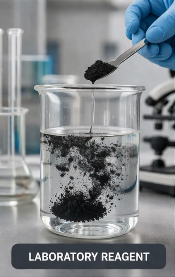 manganese dioxide powder added to laboratory solution for chemistry experiments
