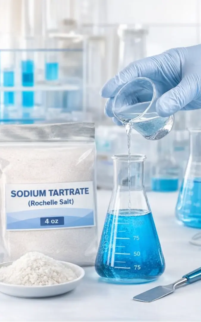 sodium tartrate rochelle salt dissolved in laboratory beaker for chemistry experiment reagent preparation
