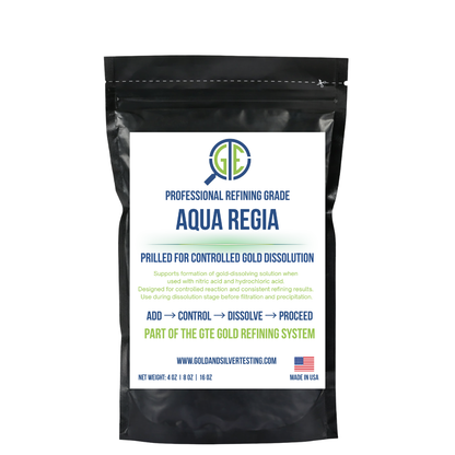 Black pouch of Professional Refining Grade Aqua Regia for gold dissolution, with a white label.