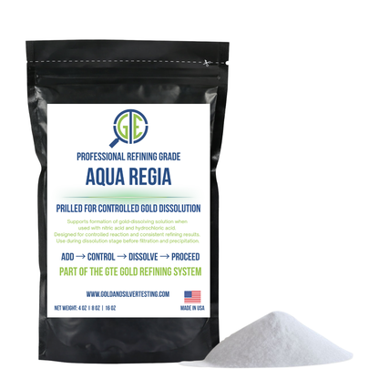 Front view of professional refining grade Aqua Regia pouch showcasing controlled gold dissolution with white powder beside it