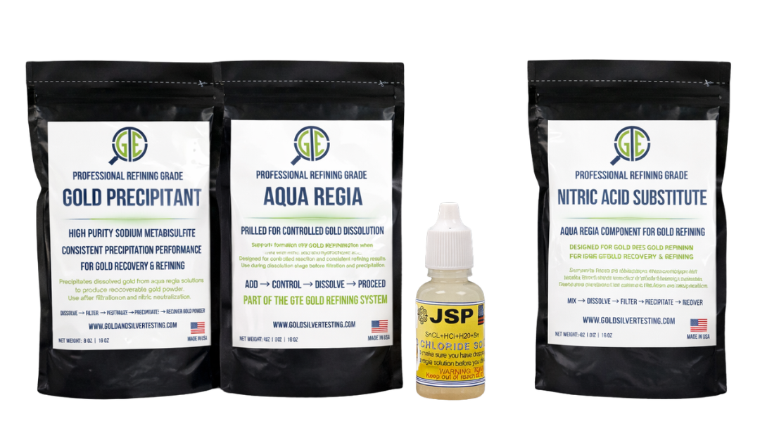 Set of gold refining chemicals including Gold Precipitant, Aqua Regia, and Nitric Acid Substitute on a white background.