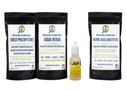 Set of gold refining chemicals including Gold Precipitant, Aqua Regia, and Nitric Acid Substitute on a white background.