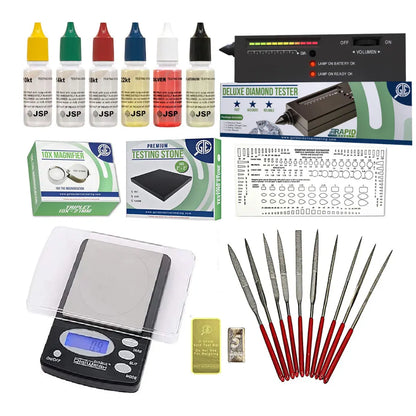 Product view of Gold, Silver, and Platinum Testing Kit with acid bottles, diamond tester, scale, loupe, files, and test bars