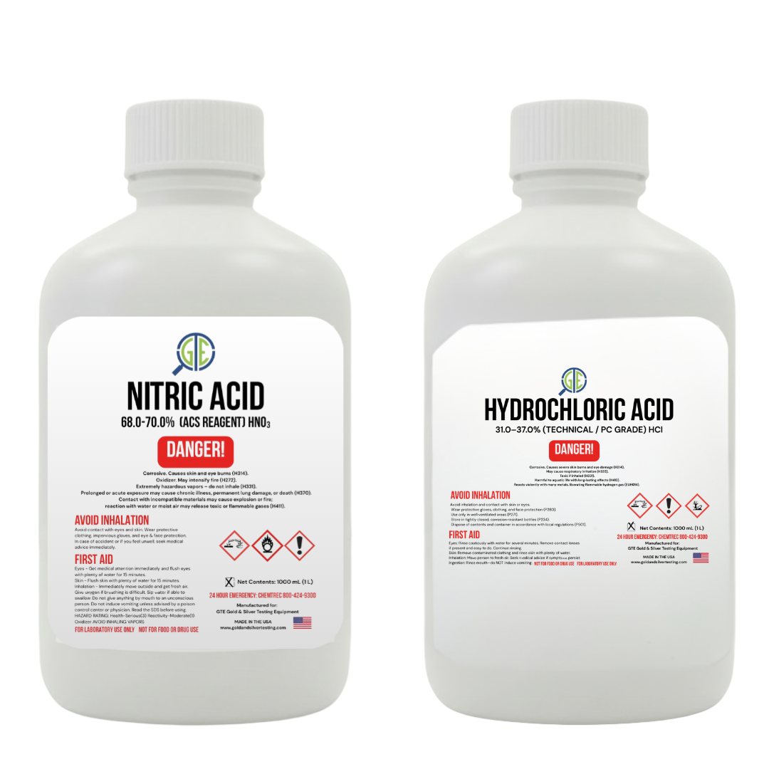 Aqua Regia Gold Refining Kit – 69.8–70% Nitric Acid & 31–37% Hydrochloric Acid (32oz/32oz) GTE GTE