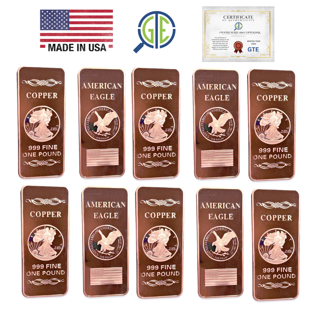 10 LOT of 1 LB Troy Ounce/OZ .999 Pure American Metal Walking Liberty Eagle BAR Gold Copper Silver Precious Metals Pound Paperweight Pure Element CU Chemistry (Copy)