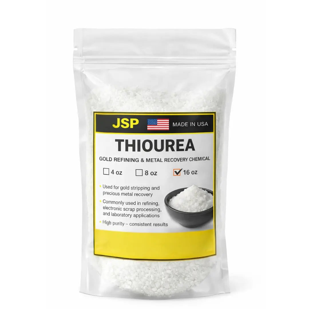 Thiourea gold refining chemical crystals in clear bag for precious metal recovery
