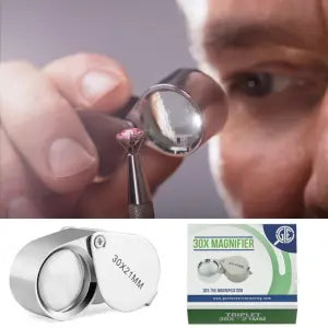 Close-up of a magnifying loupe showcasing 30X magnification with a person inspecting a gemstone and two loupe products below