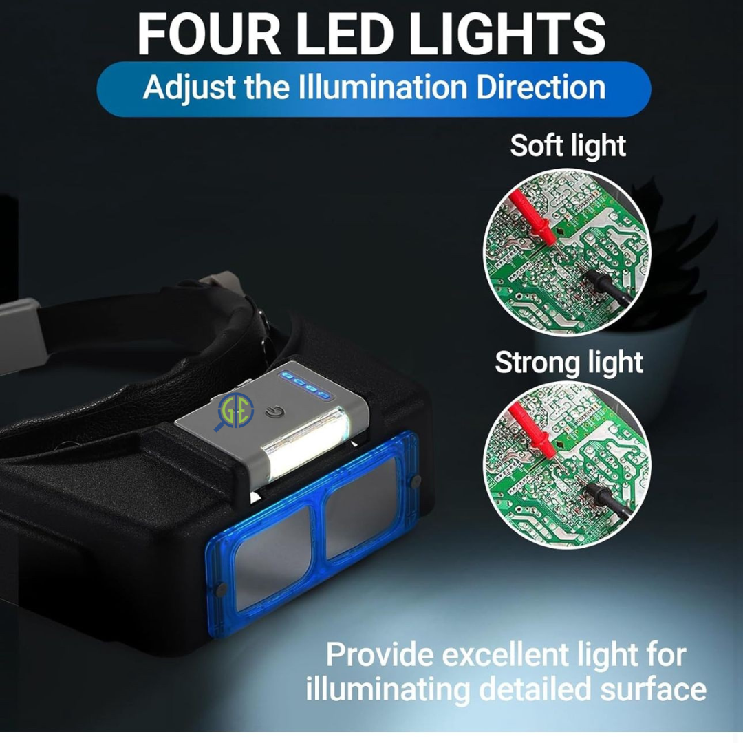 GTE Rechargeable Headband Magnifier with LED Light – 4 Interchangeable Lenses (1.5X–3.5X) Hands-Free Visor for Jewelers, Crafts & Hobbies