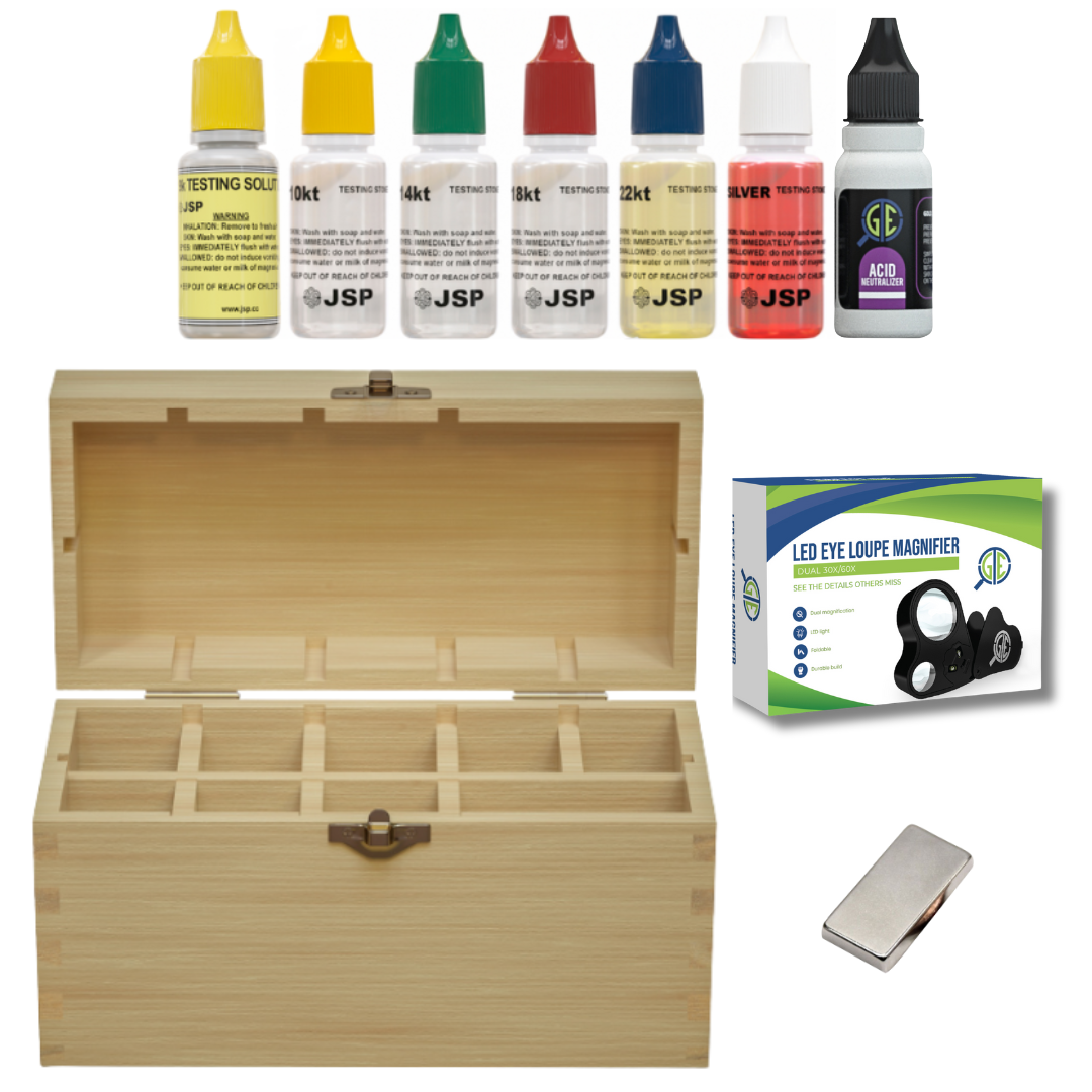 Gold Silver 9K 10K 14K 18K 24K Jewelry Acid Test Kit with N52 Earth Magnet & 30X/60X Led Eye Loupe Magnifier