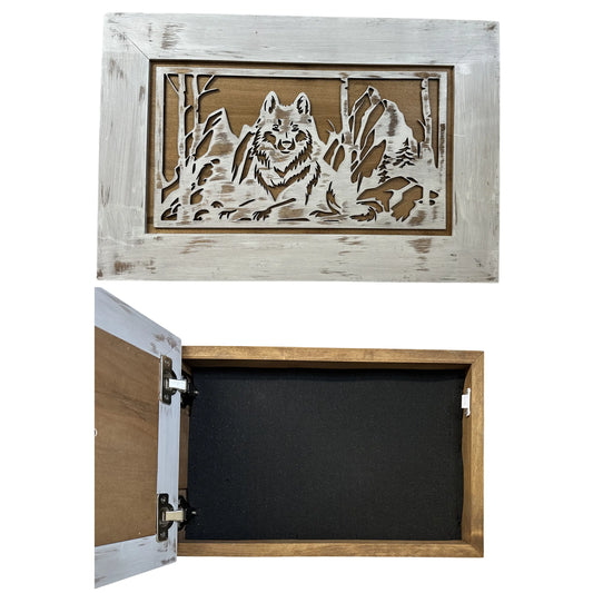 White Wolf Gun Concealment Furniture - Handcrafted Hidden Gun Storage Wall Decor - Hidden Gun Shelf with Magnetic Lock for Quick Access Bellewood Designs