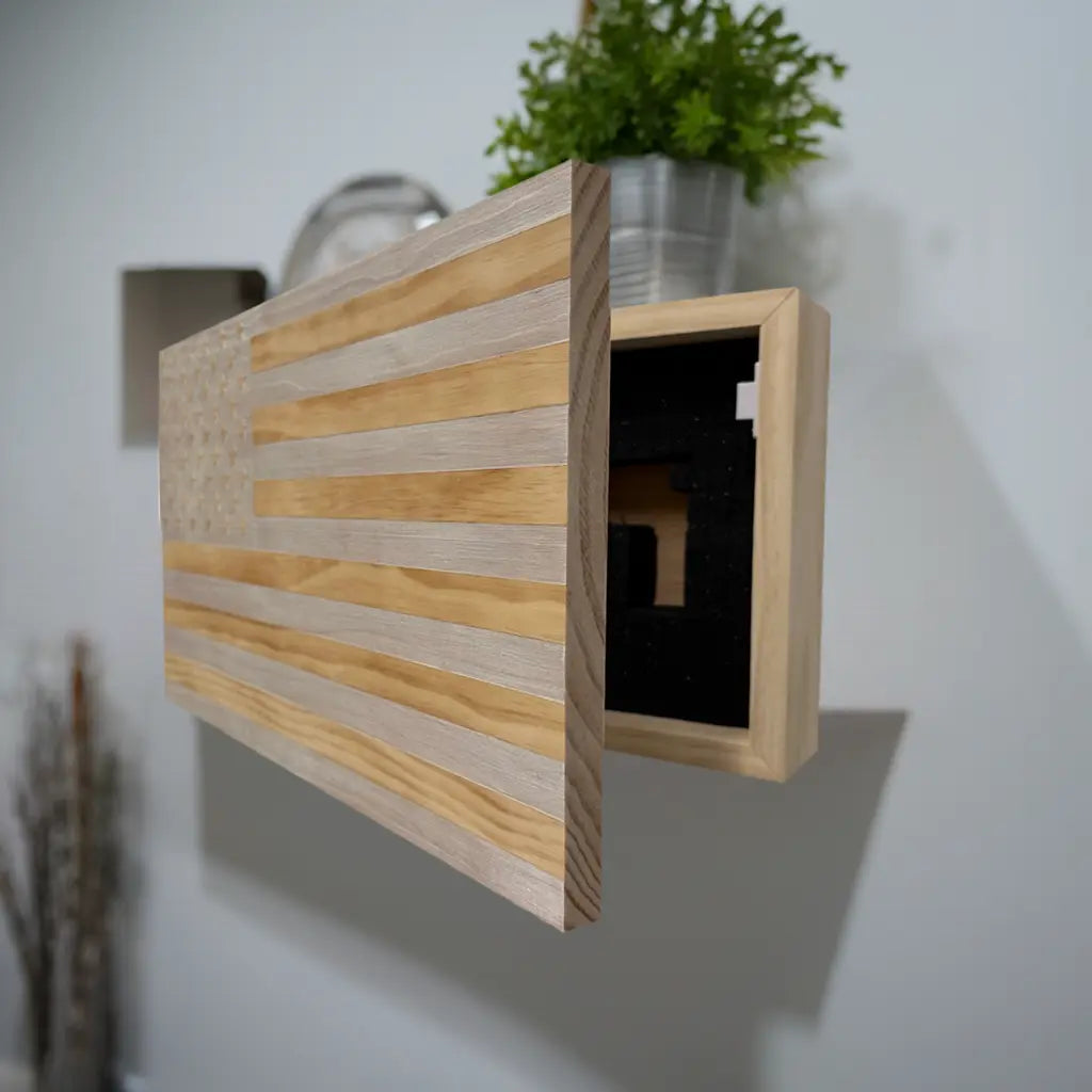 American Flag Decorative & Secure Wall-Mounted Gun Cabinet (Whitewashed) Bellewood Designs