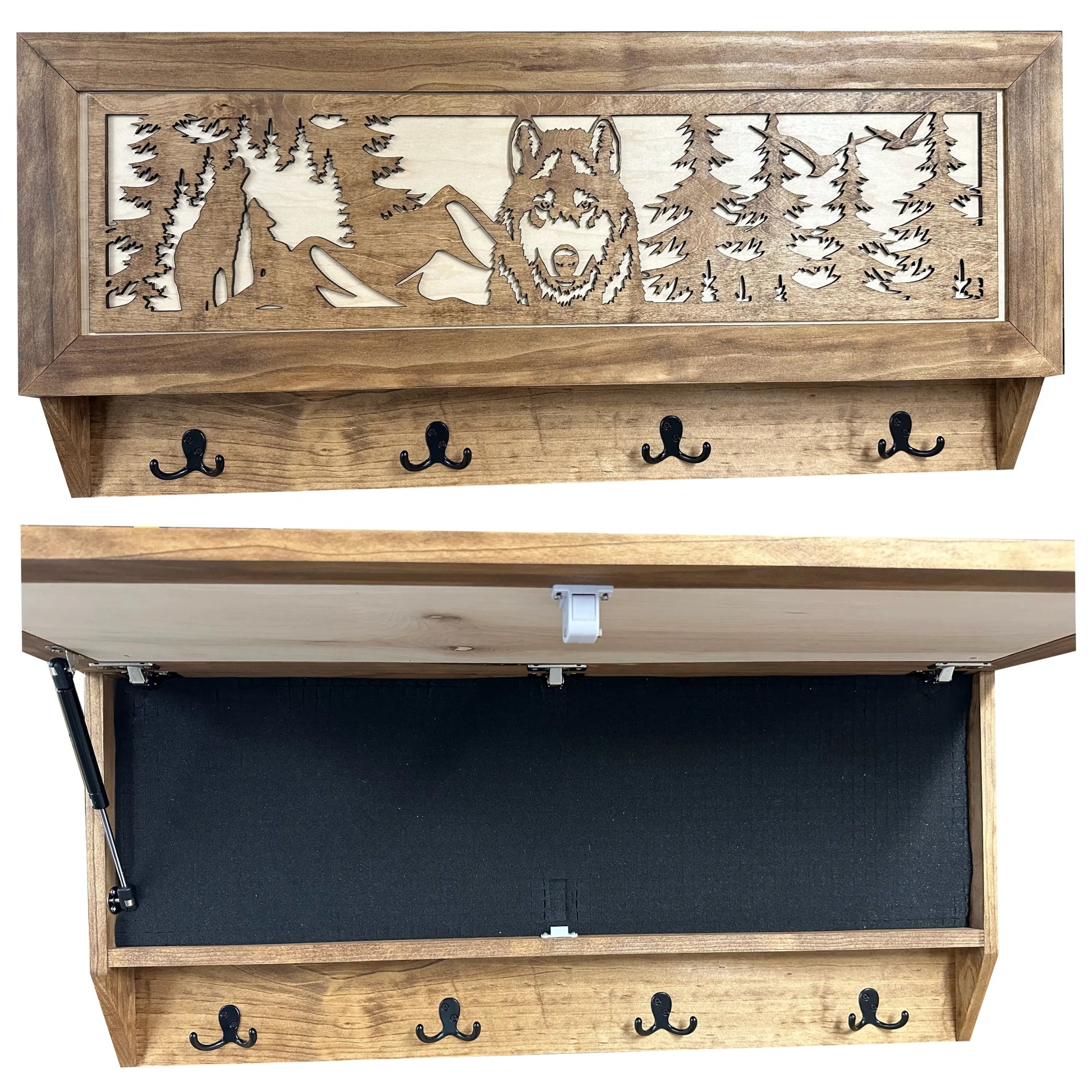 Wolf in the Wild Hidden Gun Storage - Coat Rack Concealment Shelf with Hooks for Coats, Bags, & Hats - Quick Access Hidden Gun Shelf - Secure Magnetic Lock Bellewood Designs