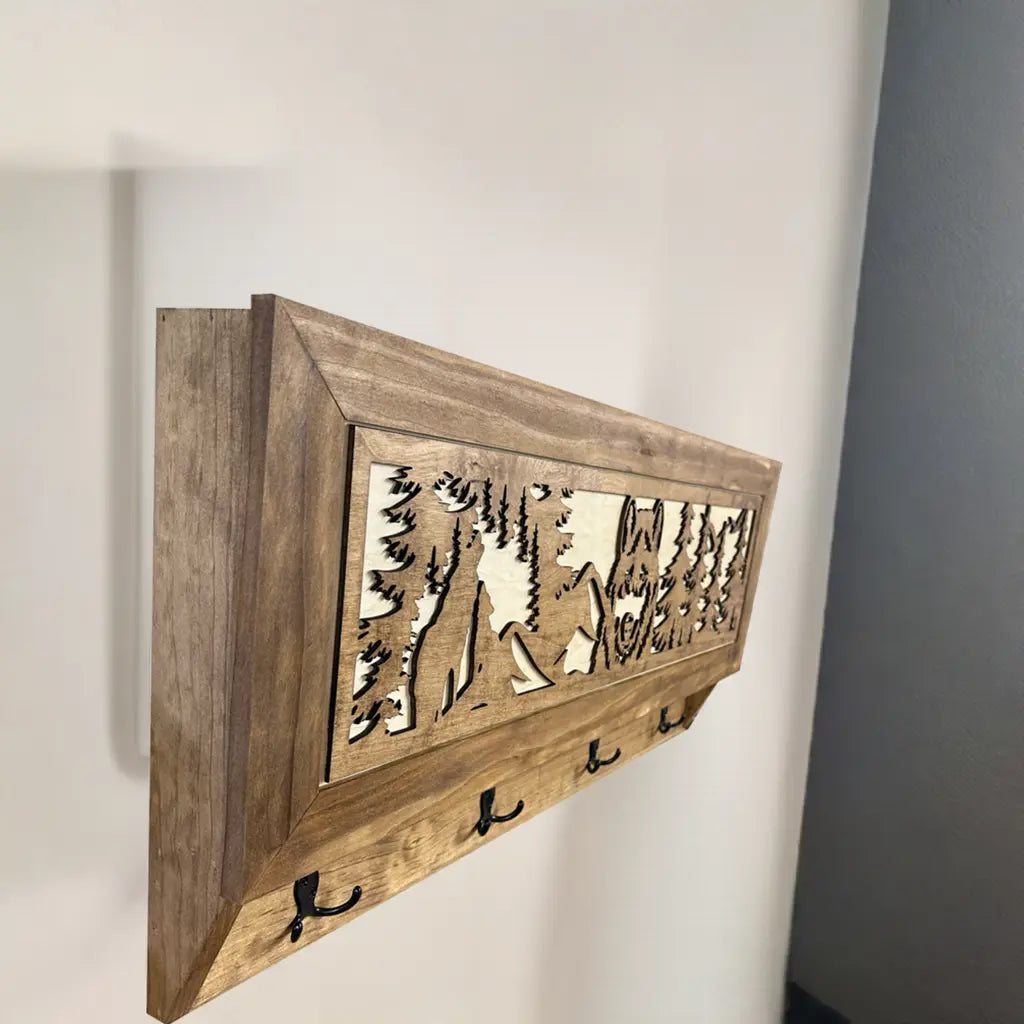 Wolf in the Wild Hidden Gun Storage - Coat Rack Concealment Shelf with Hooks for Coats, Bags, & Hats - Quick Access Hidden Gun Shelf - Secure Magnetic Lock Bellewood Designs
