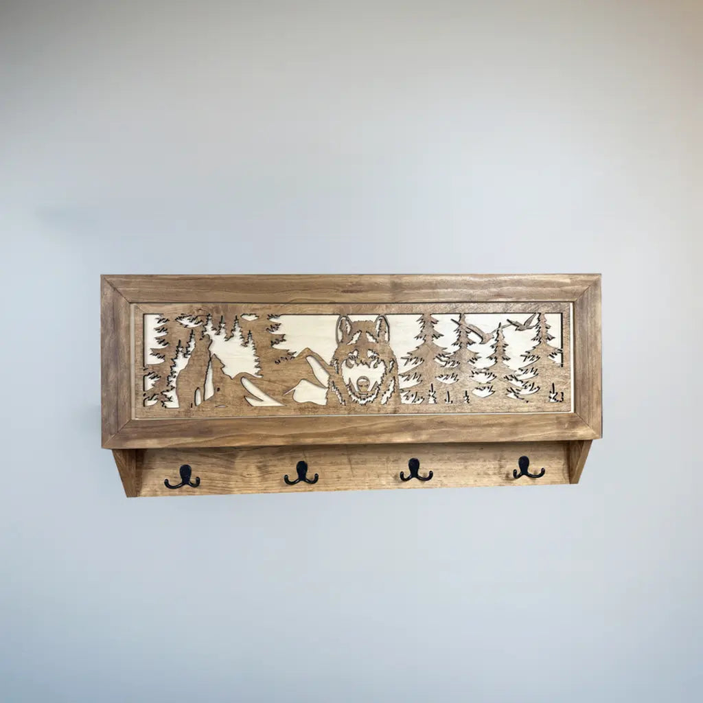 Wolf in the Wild Hidden Gun Storage - Coat Rack Concealment Shelf with Hooks for Coats, Bags, & Hats - Quick Access Hidden Gun Shelf - Secure Magnetic Lock Bellewood Designs