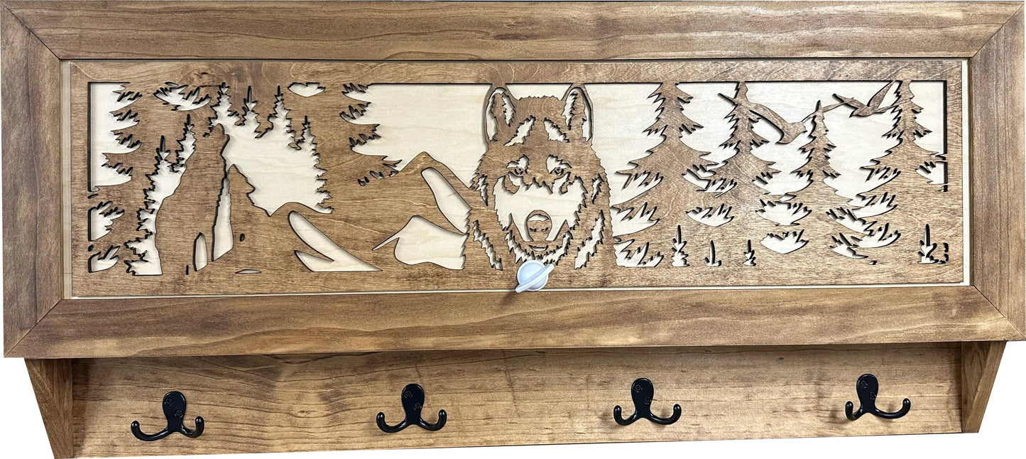 Wolf in the Wild Hidden Gun Storage - Coat Rack Concealment Shelf with Hooks for Coats, Bags, & Hats - Quick Access Hidden Gun Shelf - Secure Magnetic Lock Bellewood Designs