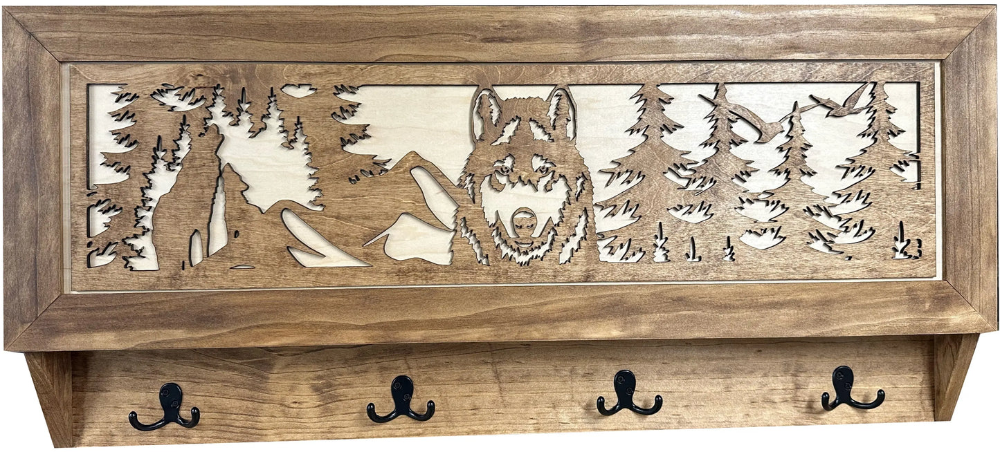 Wolf in the Wild Hidden Gun Storage - Coat Rack Concealment Shelf with Hooks for Coats, Bags, & Hats - Quick Access Hidden Gun Shelf - Secure Magnetic Lock Bellewood Designs