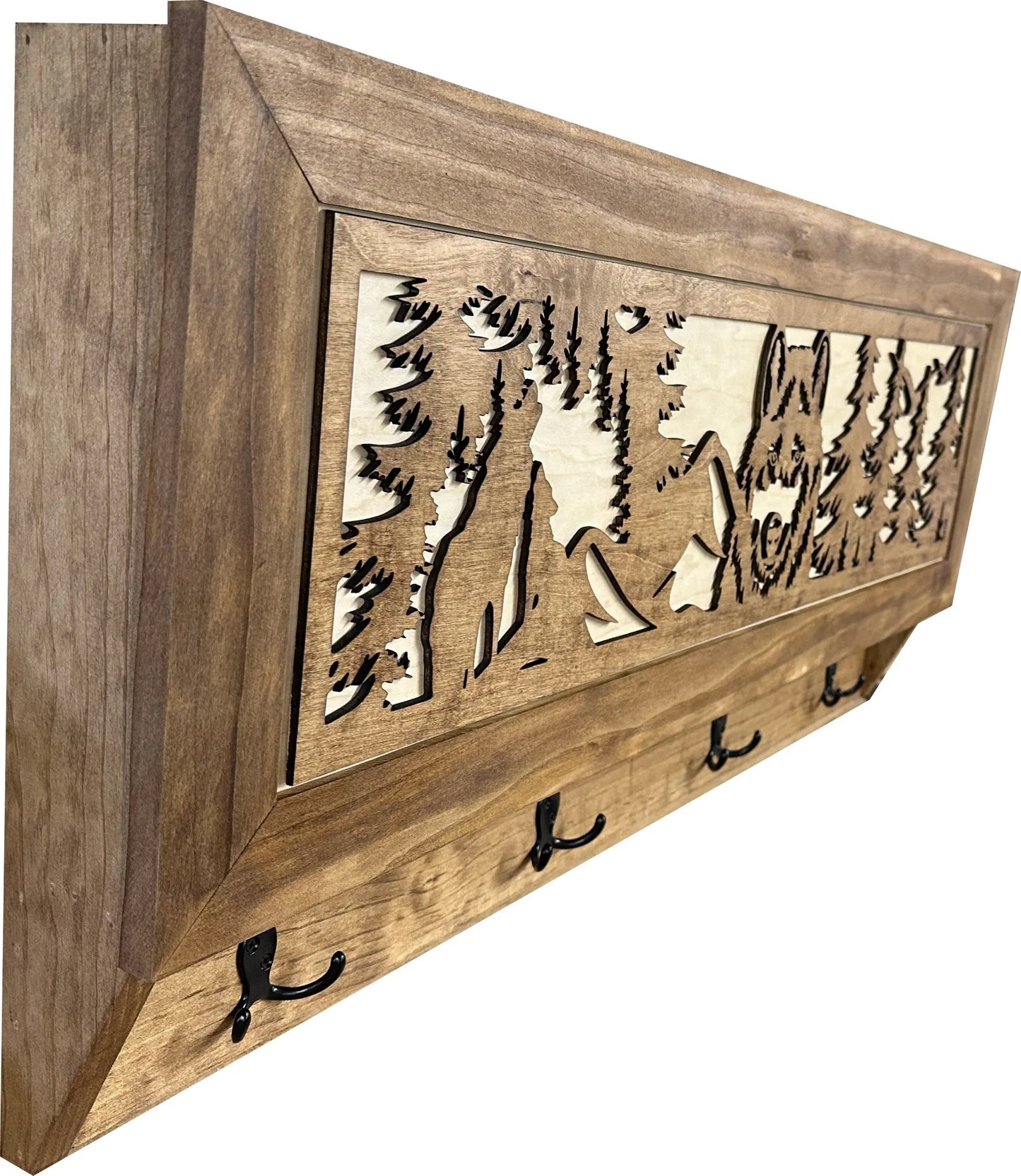 Wolf in the Wild Hidden Gun Storage - Coat Rack Concealment Shelf with Hooks for Coats, Bags, & Hats - Quick Access Hidden Gun Shelf - Secure Magnetic Lock Bellewood Designs