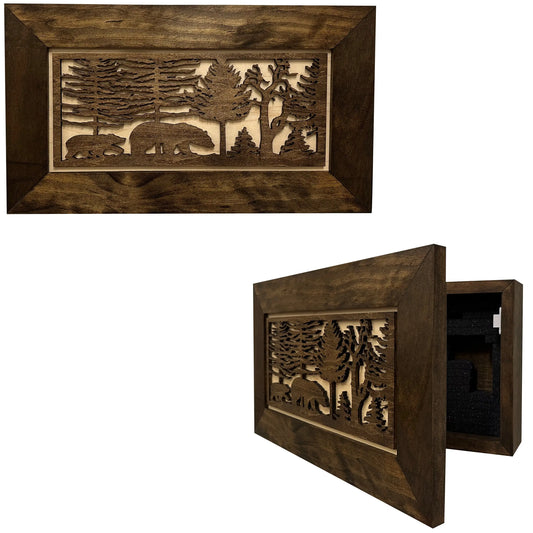 Wood Gun Cabinet Bears In The Woods Wall Decoration - Hidden Gun Safe To Securely Store Your Gun In Plain Sigh Bellewood Designs