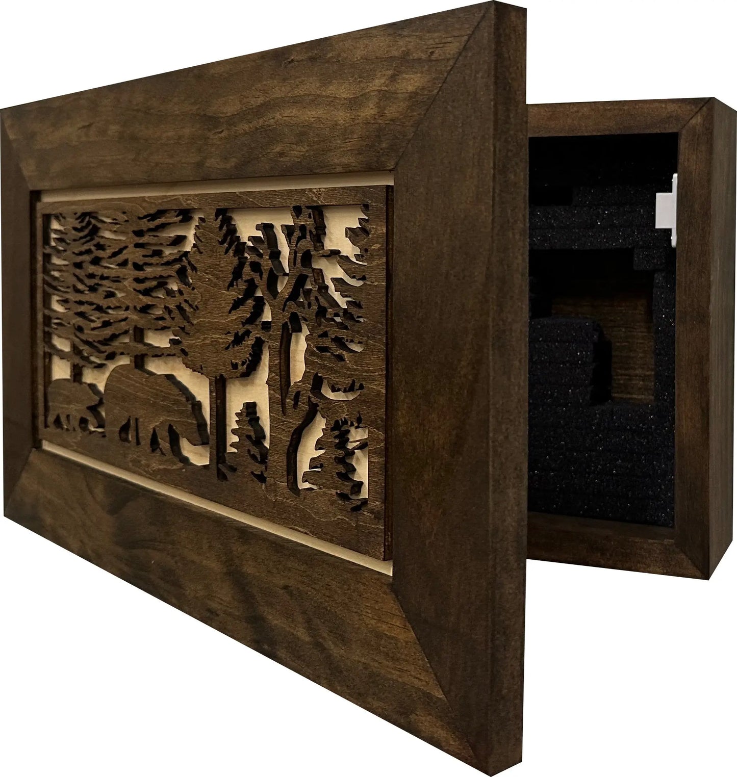 Wood Gun Cabinet Bears In The Woods Wall Decoration - Hidden Gun Safe To Securely Store Your Gun In Plain Sigh Bellewood Designs