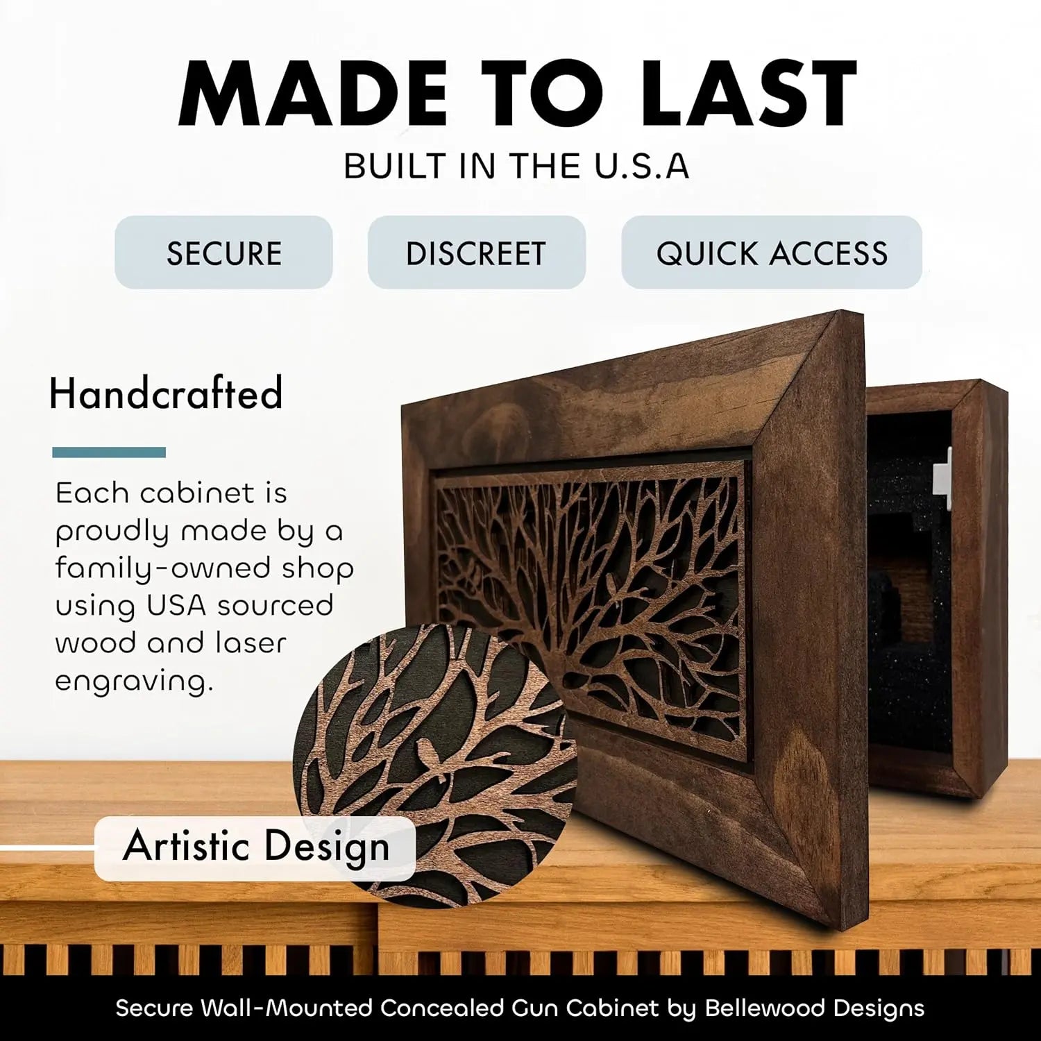 Wood Gun Cabinet Birds In A Tree Wall Decoration - Hidden Gun Safe To Securely Store Your Gun In Plain Sight Bellewood Designs