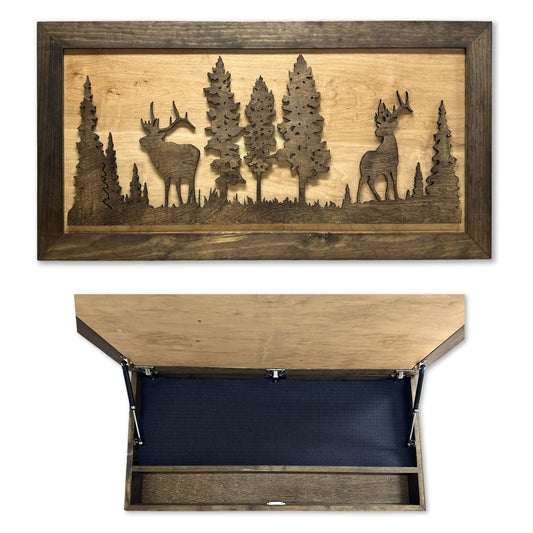 Wooden wall art of a forest and deer scene, shown closed and open as a hidden storage compartment.