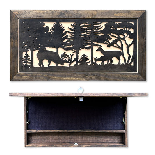 Wooden wall-mounted concealment shelf with a forest and deer cut-out design, shown closed and open.