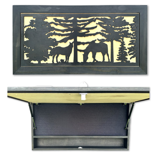 A wooden wall cabinet with a black-and-tan forest cutout door, shown closed and open to reveal a storage shelf.