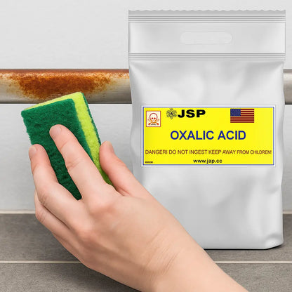 Front view of oxalic acid powder bag showcasing rust removal use with a hand scrubbing a rusty pipe
