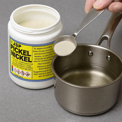 Close-up of JSP metal refining pickling compound jar with dry granules in a spoon beside a stainless steel pot