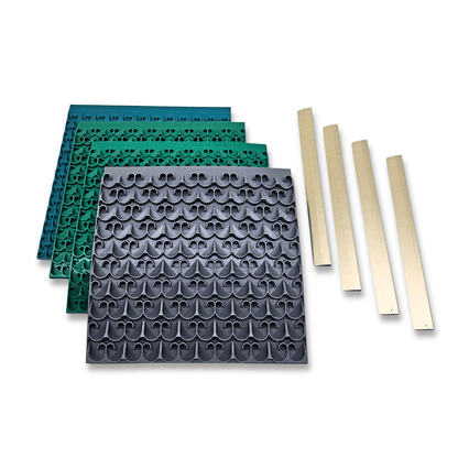 Four square rubber gold sluice mats in grey, green, and blue, with four thin gold strips.