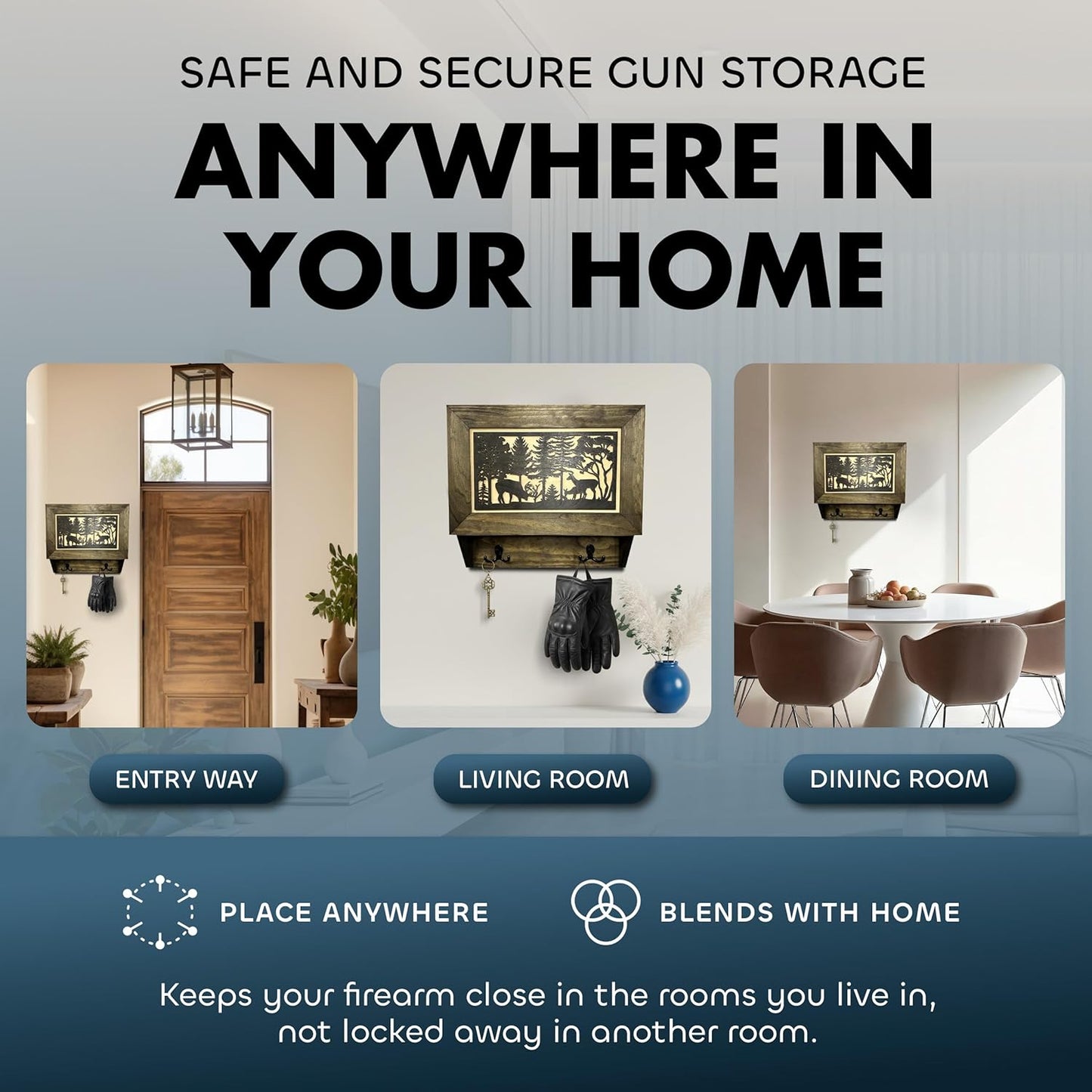 Gun Concealment Furniture - Deer Hunter Coat Rack Hidden Wall Safe with Hooks for Coats, Bags, & Hats - Quick Access Hidden Gun Storage - Wood Gun Cabinet with Secure Magnetic Lock