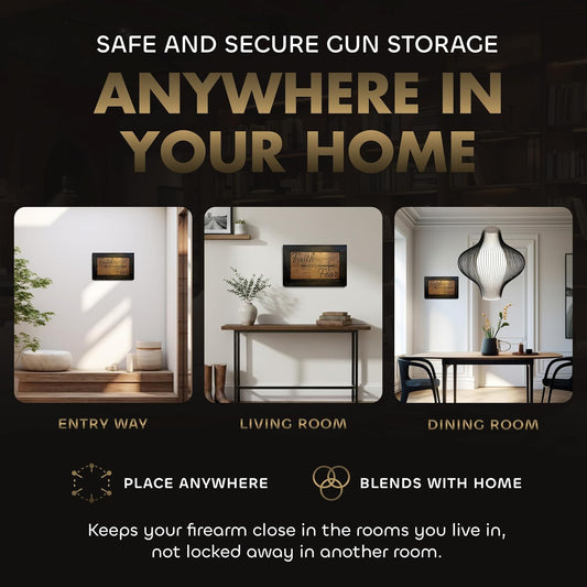 Three room mockups show a black and wood wall art piece inscribed with "Faith over Fear" serving as secure gun storage.