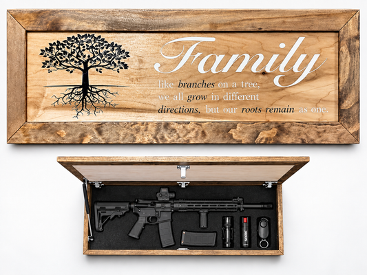 Large Hidden Gun Storage Cabinet with Family Tree Design & Magnetic Lock