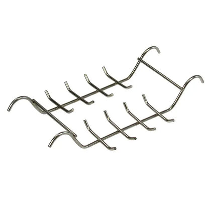 Angled view of the Pepetools Stainless Steel Ultrasonic Rack showcasing hooks for holding 16 individual rings on a white background
